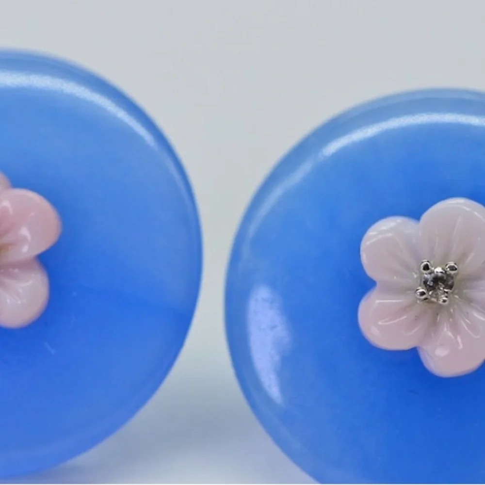 .925 Blue Jade Flower Stud Earrings floral Stud Sterling silver post earrings - Picture 6 of 9